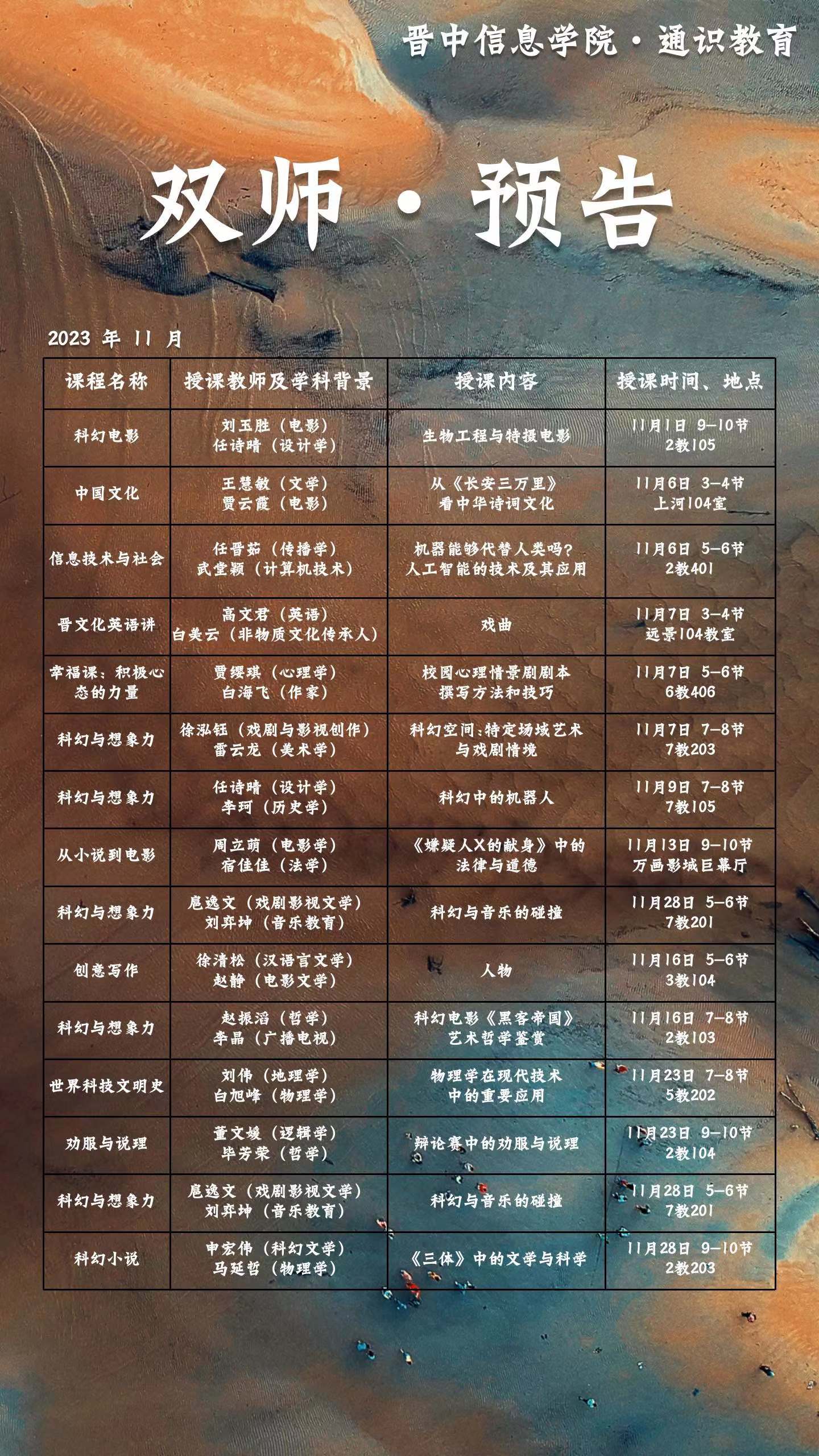 晋中信息学院通识教育11月双师课堂预告